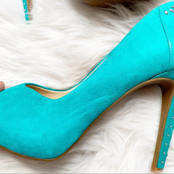 Gianni Bini Lexa Studded Peep Toe Heels In Teal - Picture 7 of 10